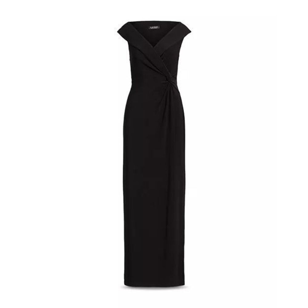 Lauren Ralph Lauren Elegant Off-the-Shoulder V-Neck Column Gown Black 2
